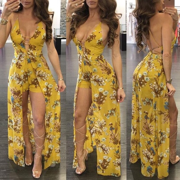 Yellow Backless Maxi Romper - Picture 1 of 7